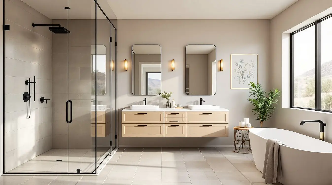 The same bathroom rebuilt with a walk-in stone shower, a floating vanity and large-format tile