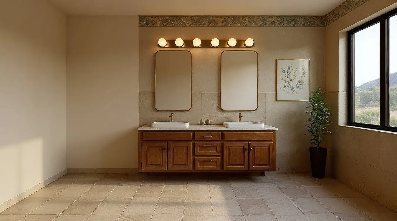 A dated bathroom with a builder vanity, a tub-shower combination and small square tile
