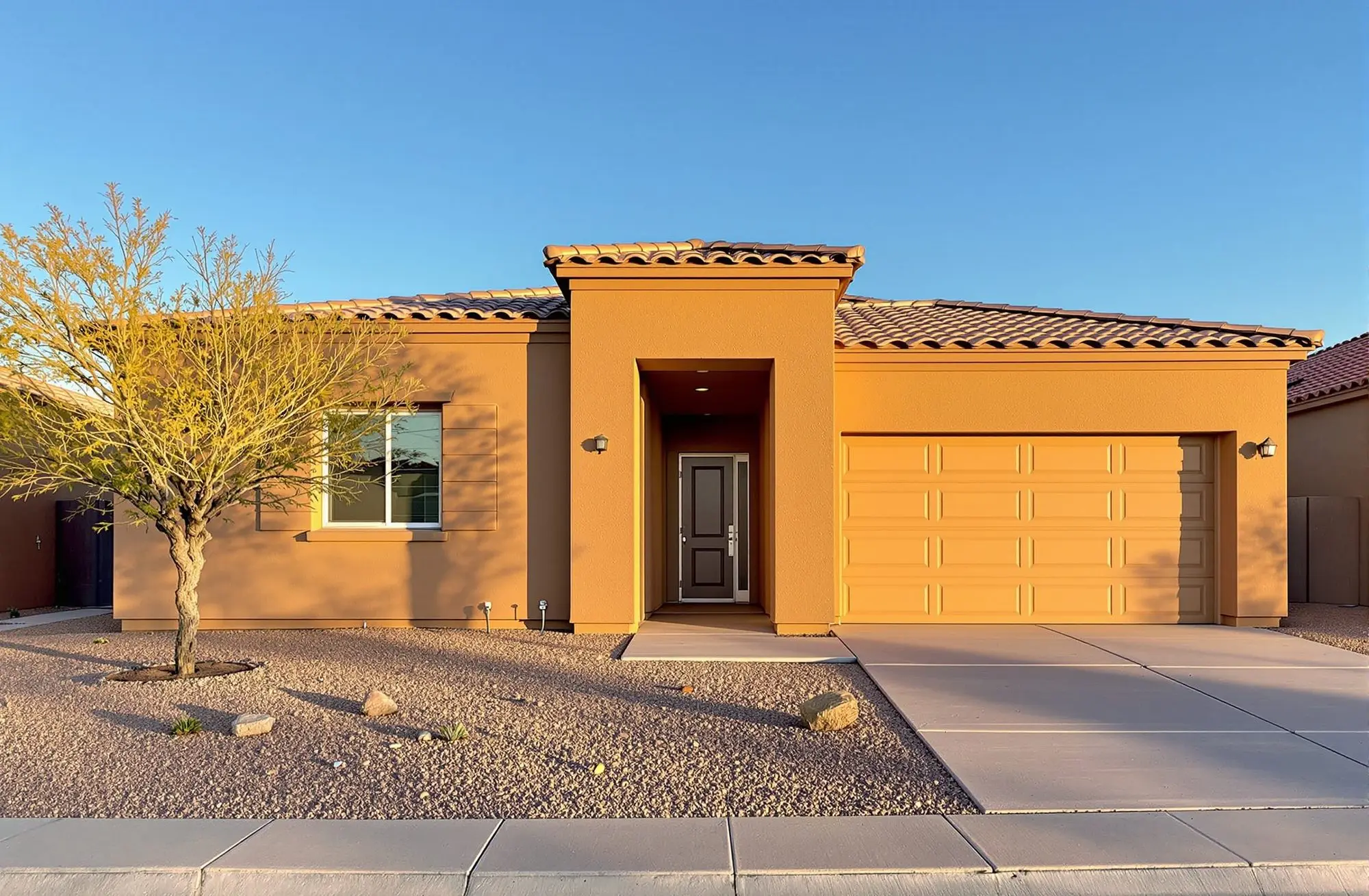 A finished single-family home with tan stucco walls and a tile roof, seen from the driveway