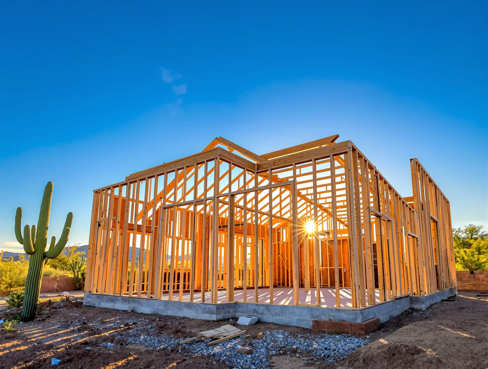 A wood-framed house under construction with the roof trusses set and the sheathing not yet on