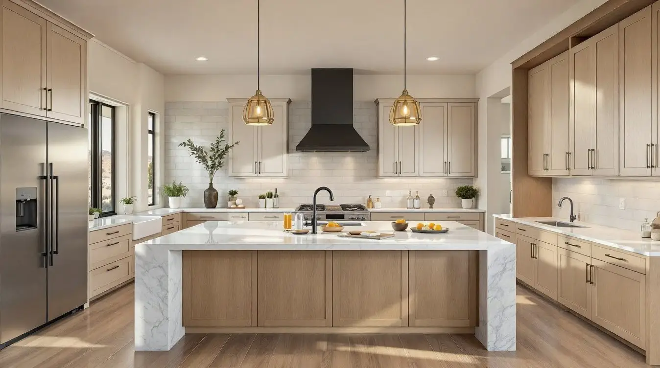 The same kitchen opened up, with white oak cabinetry, a quartz island and new lighting