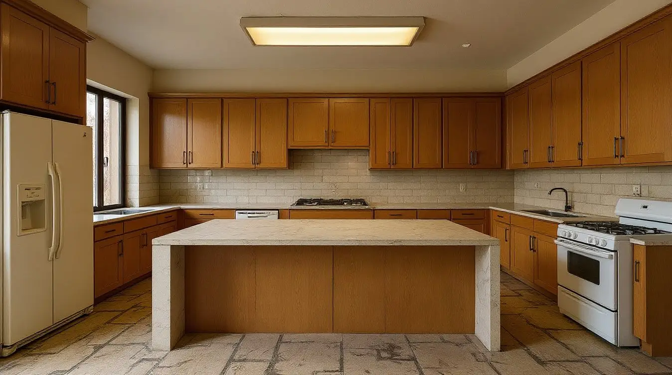 A dated kitchen with dark oak cabinets, laminate counters and a soffit over the wall units