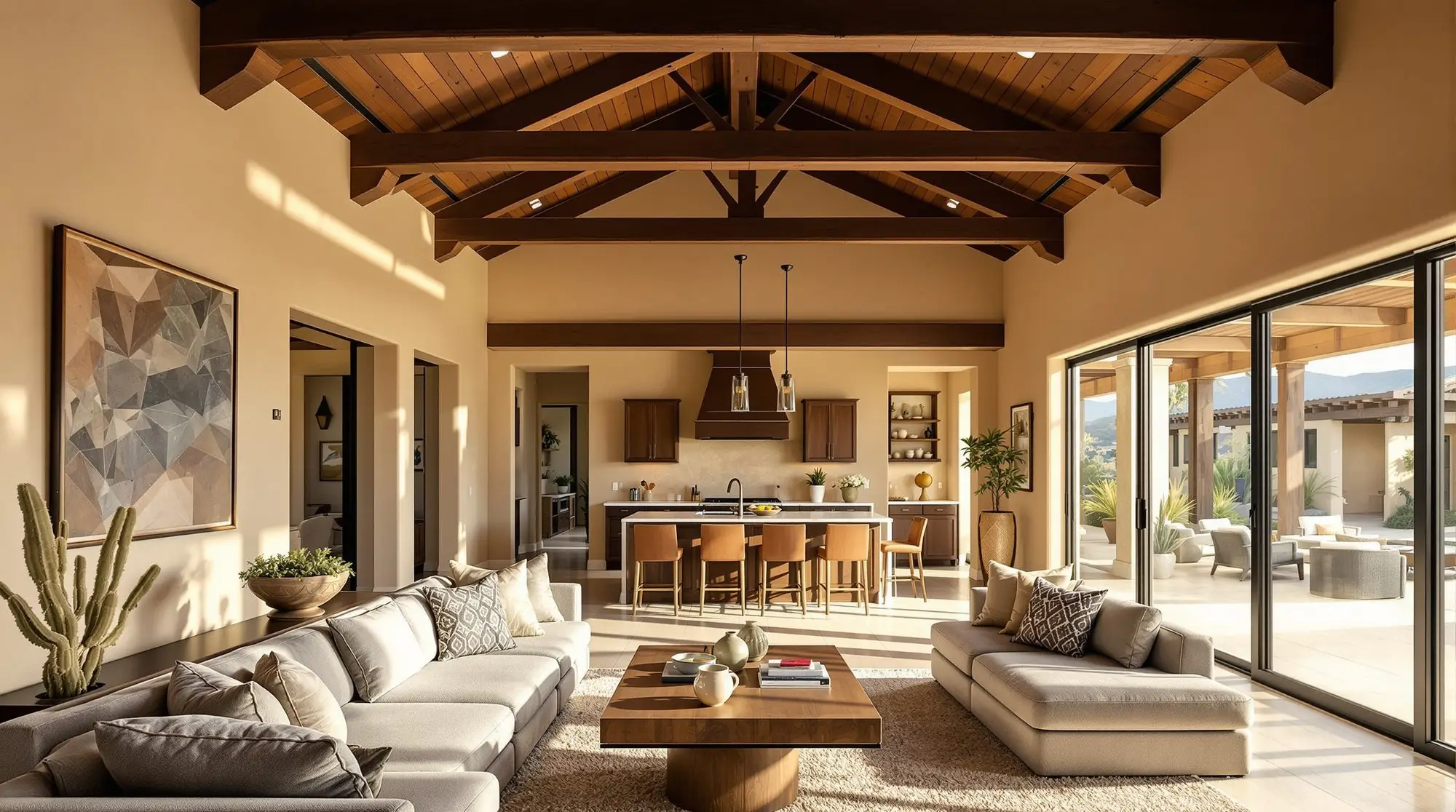 Open-plan living room under a raised, beamed ceiling after the interior walls came out